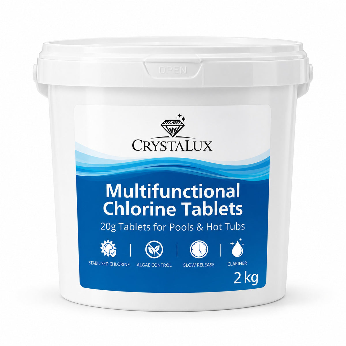 CrystaLux Multifunctional Chlorine Tablets 2kg tub, 20g tablets for pools and hot tubs