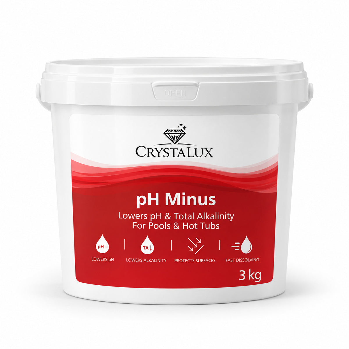CrystaLux pH Minus 3kg tub, lowers pH and total alkalinity in pools and hot tubs