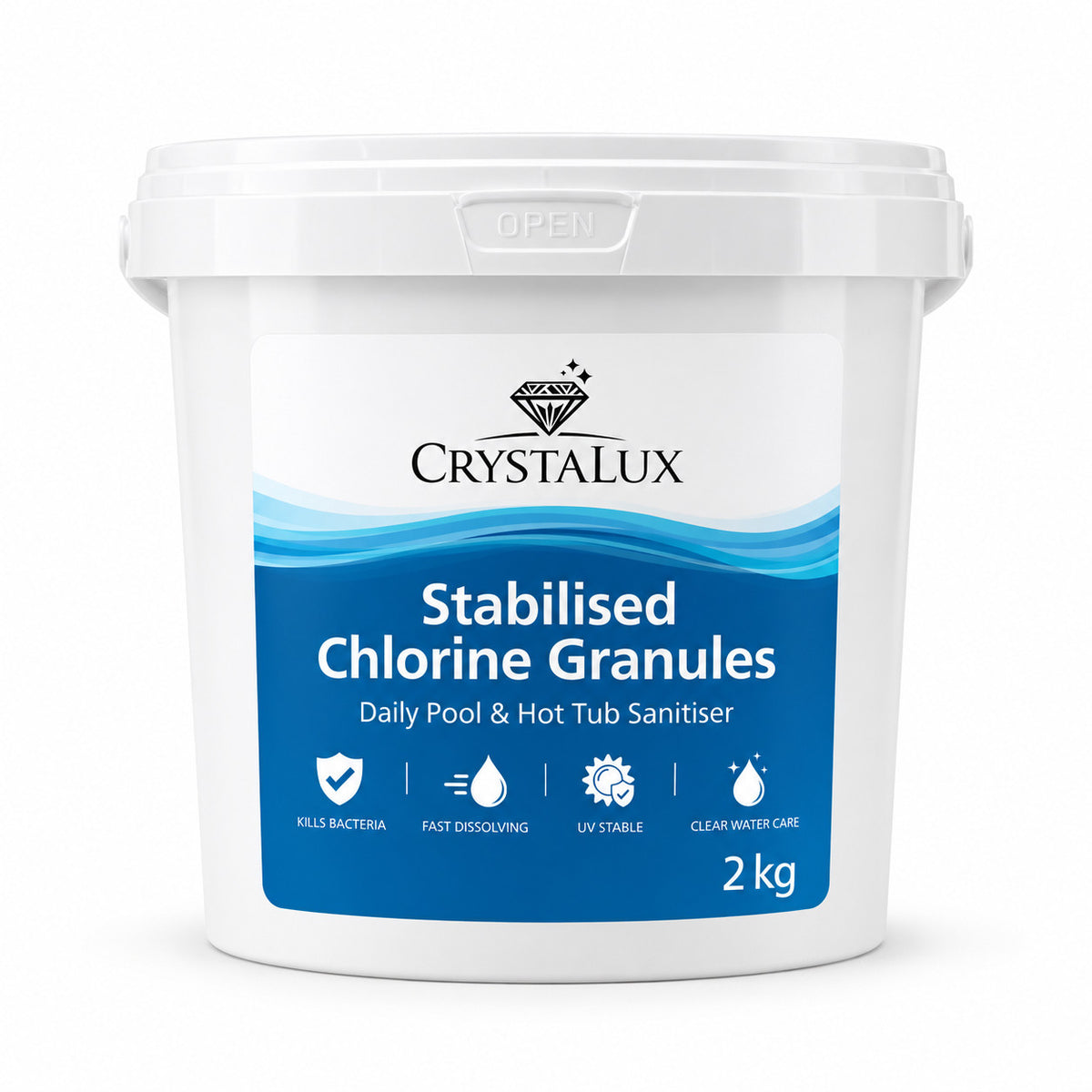 CrystaLux Stabilised Chlorine Granules 2kg tub, daily sanitiser for pools and hot tubs