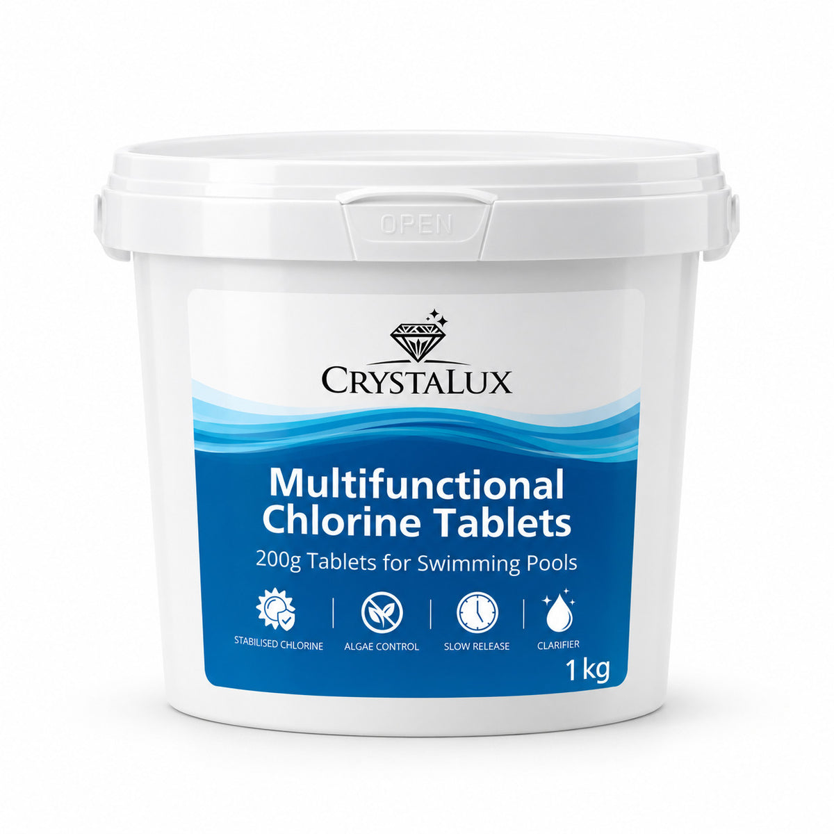 CrystaLux Multifunctional Chlorine Tablets 1kg tub, 200g tablets for swimming pools