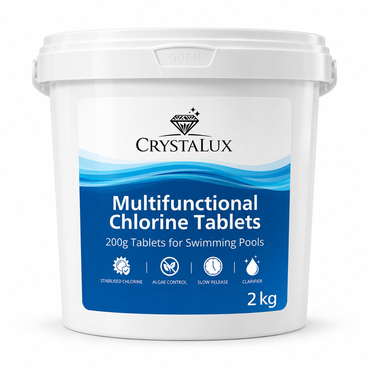 CrystaLux Multifunctional Chlorine Tablets 2kg tub, 200g tablets for swimming pools