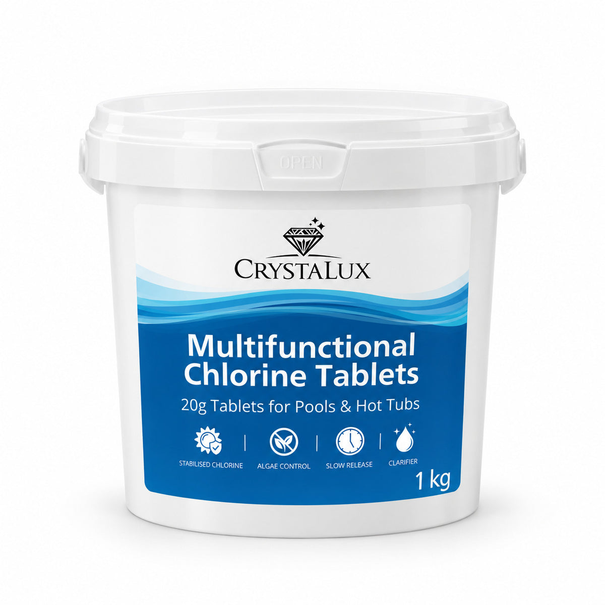 CrystaLux Multifunctional Chlorine Tablets 1kg tub, 20g tablets for pools and hot tubs