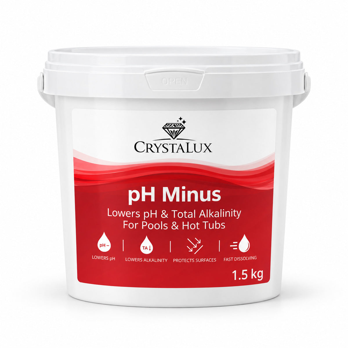 CrystaLux pH Minus 1.5kg tub, lowers pH and total alkalinity in pools and hot tubs