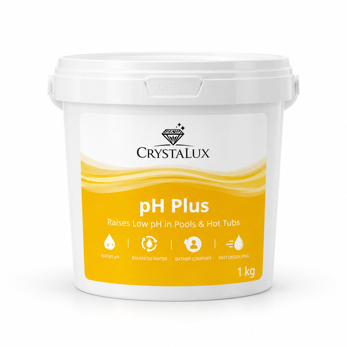 CrystaLux pH Plus 1kg tub, raises low pH in pools and hot tubs
