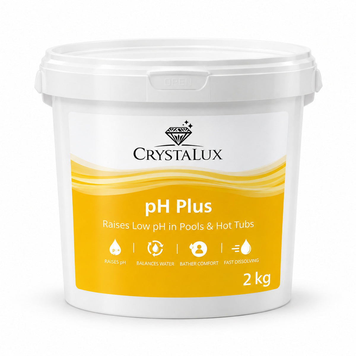 CrystaLux pH Plus 2kg tub, raises low pH in pools and hot tubs